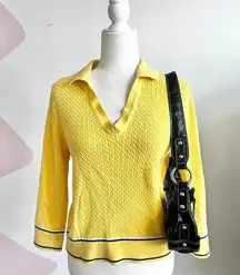 Tommy Hilfiger Yellow Cable Knit Sweater, Preppy Y2K Classic Retro Coastal Large