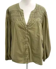 Cleobella Pintuck Yoke Balloon Long Sleeve Blouse Olive Green size Large