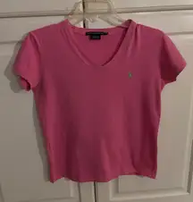 Ralph Lauren Sport Pink V Neck T Shirt Womens XS Polo Player Logo Cotton