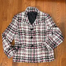 Talbots Tweed Wool Blend Blazer White Black Jacket 12P Business Casual Preppy