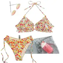 Medium Bikini Set White Ditsy Floral Ruffle Bandeau Tie High Waist Cheek…​