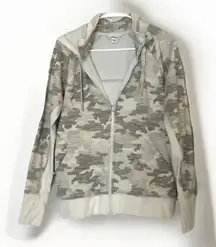 Athleta Womens Triumph Printed Hoodie Full Zip Jacket Large Gray Camo EUC