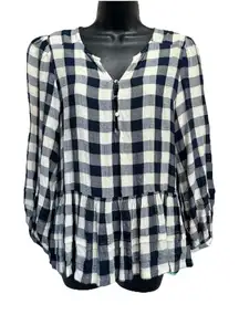 American Eagle Blue/White‎ Plaid Buttons Tiered Long Sleeve Size S Flowy Ruffles