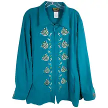 Bob‎ Mackie Plus Size 1X Jacket Green Embroidered Wearable Art Blue White 1337