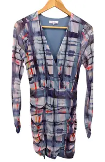 Parker Abstract Print Ruched Mesh Dress Long Sleeve Bodycon Size 4 Watercolor