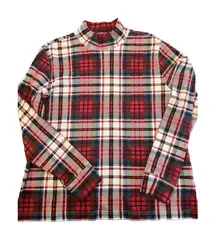 Lands End Turtleneck Women's M 10/12 Relaxed Fit Mock Red Plaid Long Sleeves
