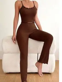 Solid Ribbed Pajama Set, Lettuce Trim Cami Top & Elastic Waistband Pants