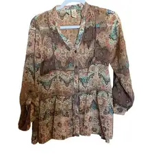 Buckle Bke  Womens Size Medium Sheer Bohemian Print Button Blouse Top