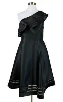 Adrianna Papell Black One Shoulder Cocktail Dress Size 8 Ruffled A-Line Midi