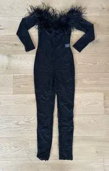AKIRA - Big Love Lace Jumpsuit with Feather Trim in Black