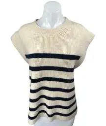 Zara Beige Black Ribbed Knit Striped Drop Short Sleeve Crew Neck Sweater Top S