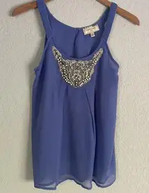 Moulinette Soeurs Treasured Depths Blue Beaded Tank Top Coquette Lace Pearls