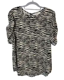New LOFT Womens Black Beige Zebra Print Cinched‎ Puff Sleeve Size Large