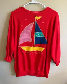 Vintage Red Sailboat Graphic Sweatshirt 80s 90s Nautical Top Women's Size S M