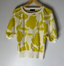 Loft Yellow White Floral Puff Sleeve Short Sleeve Sweater Top Size Petite Medium