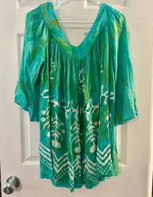 Sacred Threads Green Gold Crinkle Rayon Top OS