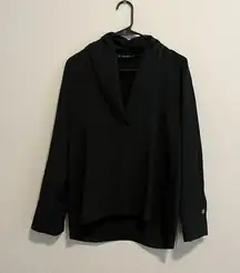 Basic Black Long Sleeve Shawl V Neck High Low Pullover Blouse Top Size S