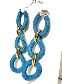Cotton Raphia Raffia Wrapped Chain Earrings Hydrangea Blue Gold Plated