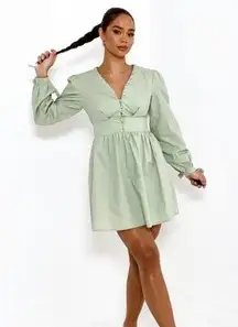 Sage Green Poplin Button Front Tie Cuff Mini Dress size 2