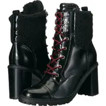 Nine West Phaedra Lace Up Black Leather Sherpa Top Boots 7.5M