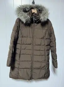 WEATHERPROOF GARMENT COMPANY Women's Brown Hooded Puffer Coat Faux Fur Trim L