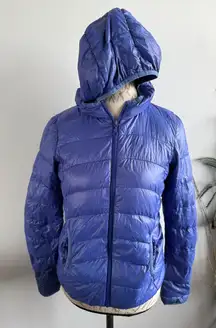 Active Basic Blue Lightweight Hooded Puffer Down Feather Jacket Size S