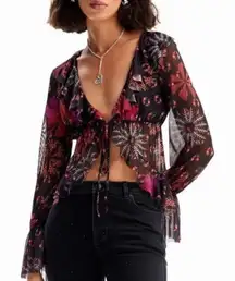 Desigual Pink Lua Ruffled Tulle Tie Front Blouse Mesh Top Artsy Bohemian Medium