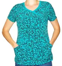 heart Leopard Print aqua black Scrub Top nurse medical vet size large.