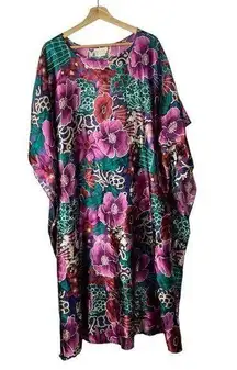 Vintage California Dynasty Purple & Teal Floral Satin Midi Kaftan L