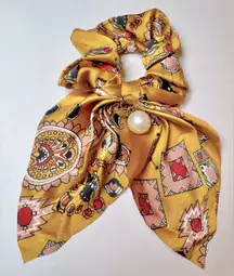 Beautiful Gold Satin Southwestern Patterned Scarf Scrunchie w/Faux Pearl