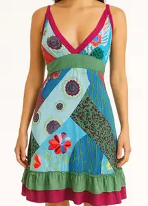 Luv 2 Luv Green & Raspberry Floral Multi Print Patchwork Ruffle Dress Size Small