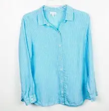 J. JILL 100% Linen Turquoise and White Striped Buttoned Down Top, Size SP