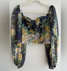 Lulu’s Floral Puff Sleeve Corset Crop Top, Smocked Sweetheart Blouse, Small