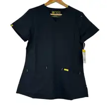Figs ScrubsTop Women’s XS Stretch Pockets black with Yellow Logo Medical Wear