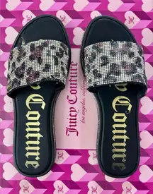 Juicy Couture Black and Gold Leopard Slide Sandals