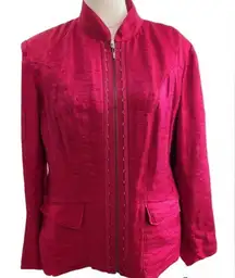 Chico’s Size 2 (Size L / 12–14) Neva Crimson Linen-Blend Zip-Up Blazer Jacket