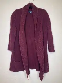 CHAPS  Maroon Tight Knit Open Front Shawl Collar Cardigan Cotton Sz M Pockets