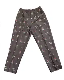 Talbots Petites Brown silk/linen blend cropped Trousers elephants embroidered‎ 6