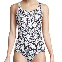 Lands' End Tank Soft Cup One Piece Swimsuit Black Havana Floral, size 4, NWT
