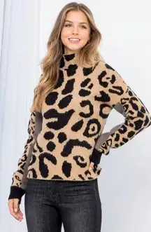 NWT THML Anthropologie Funnel Neck Cheetah Sweater Size Small