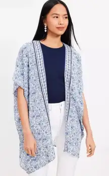 LOFT Floral Kimono‎ Cardigan Blue White Sz Medium Large Santorini Greece Coastal