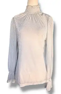 Unique Vintage Silver Metallic Mock Turtleneck Shimmer Sheer Blouse Festive