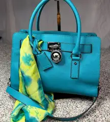 Michael Kors Hamilton Teal Leather Tote Bag w/ Lock & Key Large