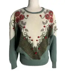 Vintage 80s Lambs Wool Angora Knit Sweater M Green Embroidered Floral Pullover