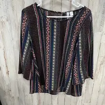 ALYA Womens Multicolor Floral Abstract Top 3/4 sleeve Keyhole Back Sz Medium