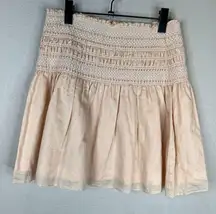 Leoffler Randall Gilles Mini Skirt Size Medium Sand Ecru Smocked Cotton Ramie