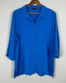 John Mark Tunic Top Womens Large Blue Button Back Collared Shirt Lagenlook Artsy