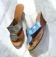 Jack Rogers Palm Beach wedge leather sandals silver tan