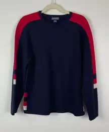 Vintage Lands End 100% Wool Sweater M Navy Blue Red Stripe Crew Neck Pullover