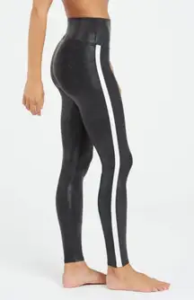 SPANX Black Faux Leather Leggings with White Stripe XS